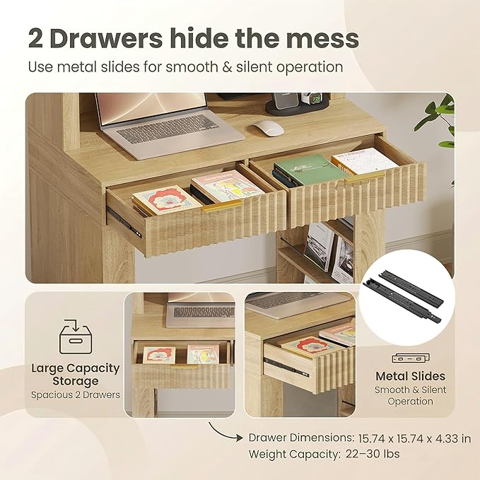 Arched Writing Desk with Hutch Home Office Desk with 2 Fluted Drawers Secretary Desk with Outlets LED Lights Bookshelves Wood Computer Desk for Small Space Bedroom 35.4W x 70.8H (Oak)