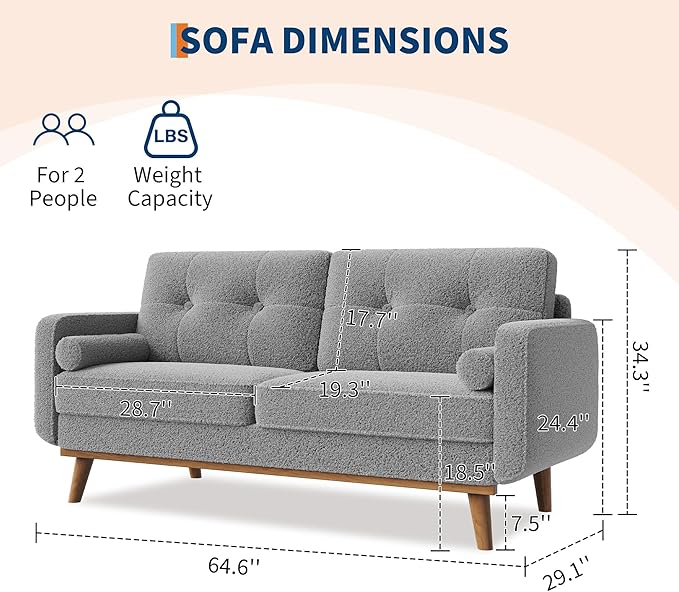IDEALHOUSE 65 Mid Century Modern Couch Sofa Loveseat Comfy Love Seat Couches for Living Room 2 Seater Teddy Fleece Boucle Upholstered Deep Seat Couch for Bedroom Office Small Space Grey