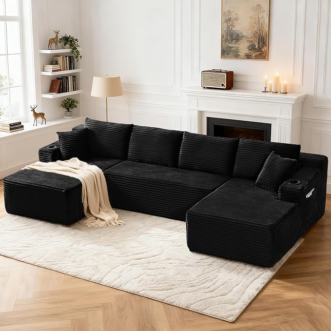 134 W Black U Shaped Boneless Couch Oversized Cloud Modular Sectional Sofa with Deep Chaise 4 Seat Corduroy Foam Compressed Cup Holders &amp Side Pockets for Living Room Apartment Large Spaces