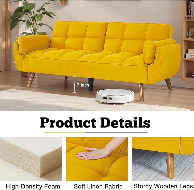 Convertible Futon Sofa Bed Sleeper Couch Bed with Adjustable Backrests Linen 3 Seater Small Couches for Small Spaces Living Room Bedroom(Yellow 75)