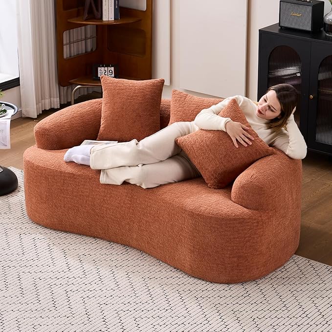 65 Curved LoveseatDeep Seat Cloud Floor Couch with 3 BackrestCozy Chenille FabricSmall Loveseat for Small SpacesBedroomOfficeApartment (Coral 65 Inch)