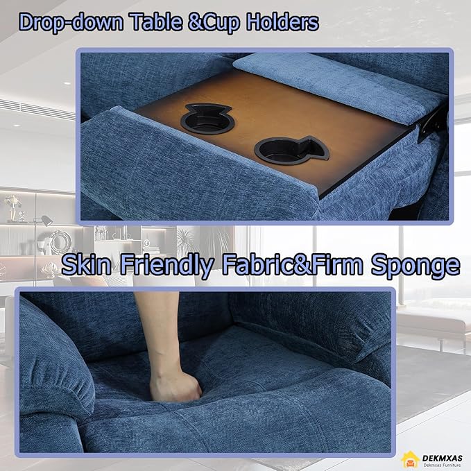 3 Seater Recliner Sofa Couch Modern Manual Reclining Sofa Fabric Reclining Sofa Living Room Couch with Dual Cup Holders and Drop Down Table for Living Room/Office/Rv Car (Blue 3 Seater Sofa)