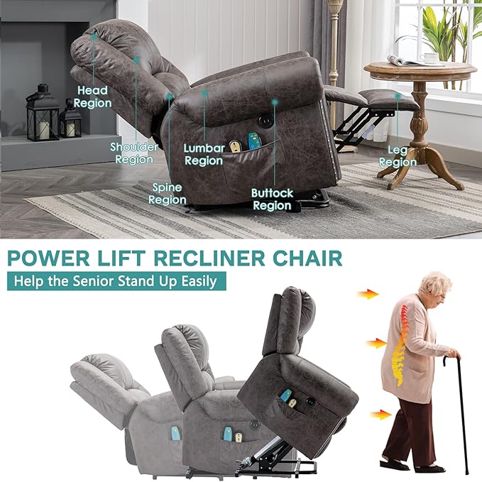 MEETWARM Large Power Lift Electric Recliner Chair with Massage and Heat Overstuffed Wide Recliner for Elderly Heavy Duty Recliner for Living Room with 2 Remote Controls/USB Ports/Side Pockets(Gray)