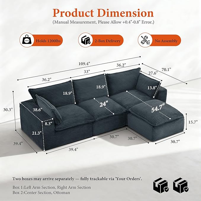 110 Sectional Couches for Living Room Boneless Couch Upholstered Cloud Couch Sectional Modular Sectional Sofa with L Shaped (Corduroy-Dark Grey 3 Seat+1 Ottoman)