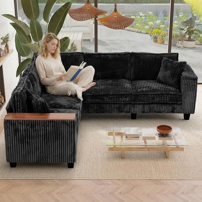 97 Inches Corduroy Couch with 2 Pillows Deep Seat Sectional Sofa Armrests with Two Hidden Storage Space Corner Couch Oversized L Shaped Cloud Couches for Living Room Black