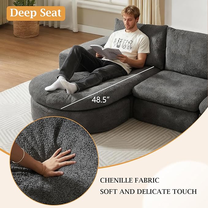 99 Modular Sectional Sofa Cloud Sectional Couch with Neck Pillow &amp Deep Seat Chenille Boneless Couches with L-Shape Chaise for Living RoomNo Assembly Required Grey