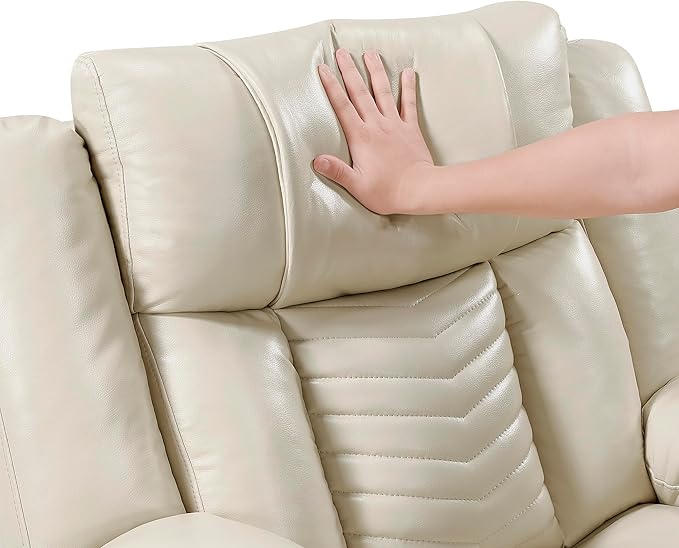 Lexicon Wall Hugger Power Double Reclining Sofa with Center Drop-Down Table Faux Leather Home Theater Seating with LED Lighting/USB Charging Ports/Wireless Charger/Cup Holders Magazine Pocket Beige