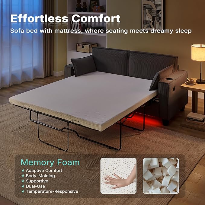 2-in-1 Pull Out Sofa Bed 88 Queen Size Sleeper Sofa Corduroy Convertible Loveseat Sleeper for Living Room Guest Room Apartment Home Office（Grey）