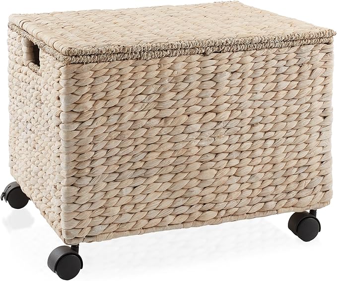 Casafield Rolling Filing Cabinet Whitewash - Water Hyacinth File Organizer with Lid and Locking Wheels Home Office Storage for Hanging Folders