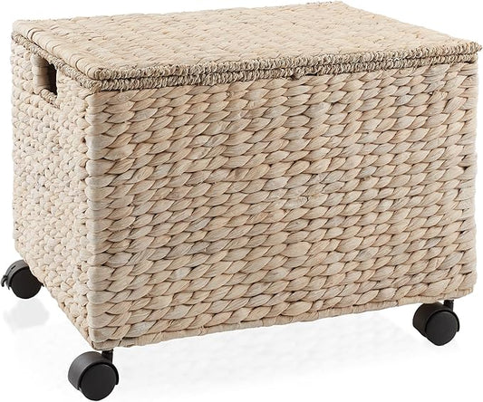 Casafield Rolling Filing Cabinet Whitewash - Water Hyacinth File Organizer with Lid and Locking Wheels Home Office Storage for Hanging Folders