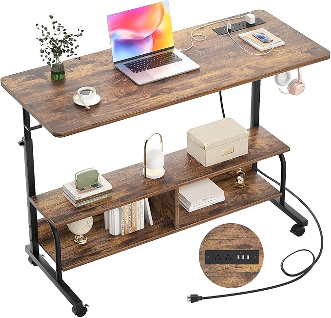 Armocity Rolling Standing Desk with Power Outlets 47 Manual Height Adjustable Mobile Computer Desk with Wheels Portable Sit Stand Laptop Couch Table for Bed &amp Sofa Home Office Rustic Brown