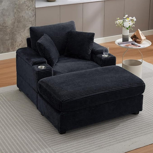 50 Oversized Chaise Lounge Chair Indoor with Ottoman and Storage Deep Seat Upholstered Reading Chair Comfy Corduroy Sleeper Chair with Cup Holder Reclining Chair for Living Room Bedroom Black