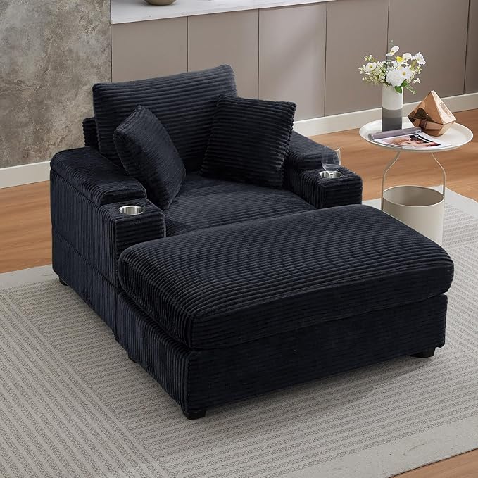 50 Oversized Chaise Lounge Chair Indoor with Ottoman and Storage Deep Seat Upholstered reading Chair Comfy Corduroy Sleeper Chair with Cup Holder Reclining Chair for Living Room Bedroom Black
