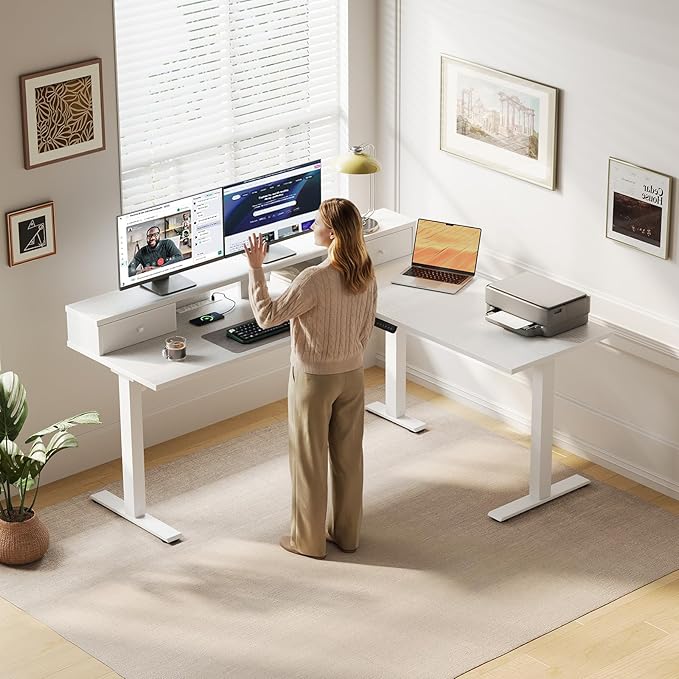 Casaottima 59 Inch Electric L-Shaped Standing Desk with Drawers Height Adjustable Stand Up Corner Desk with Monitor Stand Lift Table for Home Office Workstation White