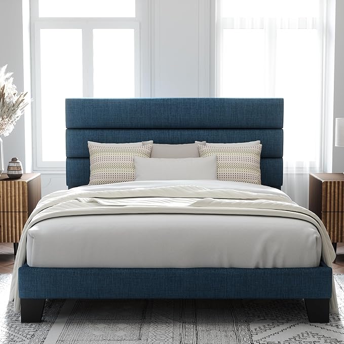 Allewie Queen Size Platform Bed Frame with Fabric Upholstered Headboard and Wooden Slats Support Fully Upholstered Mattress Foundation/No Box Spring Needed/Easy Assembly Navy Blue
