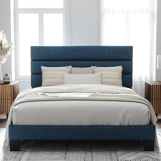 Allewie Queen Size Platform Bed Frame with Fabric Upholstered Headboard and Wooden Slats Support Fully Upholstered Mattress Foundation/No Box Spring Needed/Easy Assembly Navy Blue