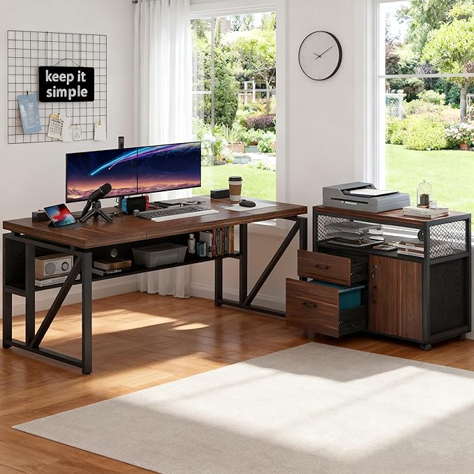 Tribesigns L-Shaped Desk with Drawers 63 Executive Office Desk with Mobile File Cabinet and Storage Shelves Home Office Business Furniture Set (Dark Brown and Black)