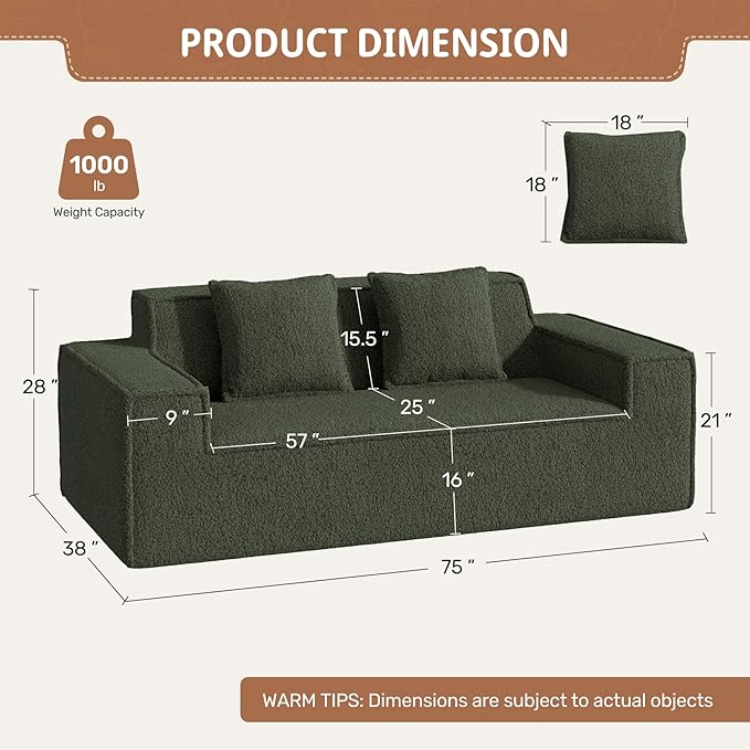 75'' Cloud Loveseat Sofa No Assembly Required Comfy Deep Seat Couches 1 pcs for Living Room Bedroom Apartment(Teddy Fabric-Green)