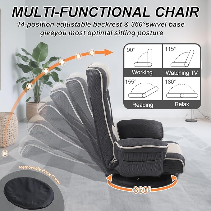 Linen Fabric Ergonomic Gaming Chair 6-Position Reclining Sofa Bed with Lumbar Support Foldable Floor Lounger with Thick Cushion Armrests &amp Side Pockets for Esports Reading Napping (Grey + Bei