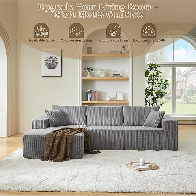 108 Sectional Couches for Living Room Cloud Couch Sofa with L-Shape Upholstered Boneless Couchs Modern Modular Sectional Couch with Chaise