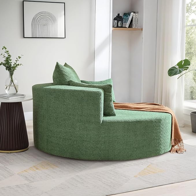 360° Swivel Barrel Chair - Oversized Round Sofa Chair and A Half with Pillows Comfy Modern Upholstered Chenille Deep Seat Circle Chaise Lounge for Living Room Bedroom Office Hotel (Moss Green)