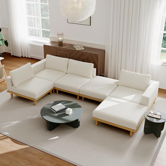 Acanva Minimalist Modular Sectional Sofa for Living Room Wide &amp Deep Seat Convertible Furniture Set with Metal Frame and Movable Covers Ottoman Off White