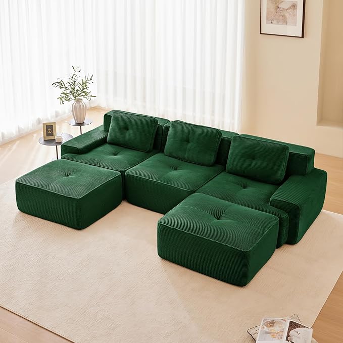 Modern Boneless Couches for Living Room Corduroy Cloud Couch Sectional with Deep Seat Green Modular Sectional Sofa Couch for Living Room Sofas para Sala (Green Ottoman)