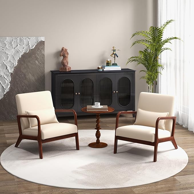 MAT EXPERT Mid Century Accent Chair Modern Sofa Armchair with Solid Wooden Frame Soft Padded Cushion &amp Linen Fabric Upholstered Living Room Reading Chair with Pillow for Bedroom Balcony