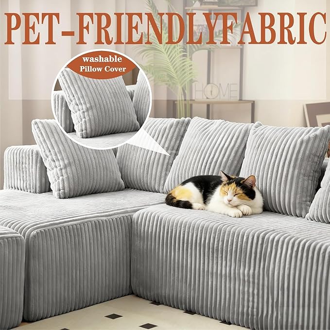 130 Modular Cloud Sectional Sofa with Chaise Deep Seat Plush Boneless Couch with Memory Foam Comfy Fluffy Couch U-Shaped Sectional Couches for Living Room No Assembly Required Grey