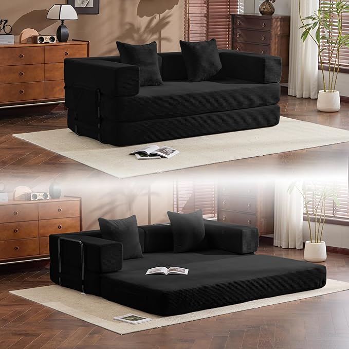 Convertible Sleep Sofa Bed with Armrests and Backrest Corduroy Folding Couch with 2 Pillow Modular Sectional for Living Room Bedroom Studio-No Assembly NeededBlack