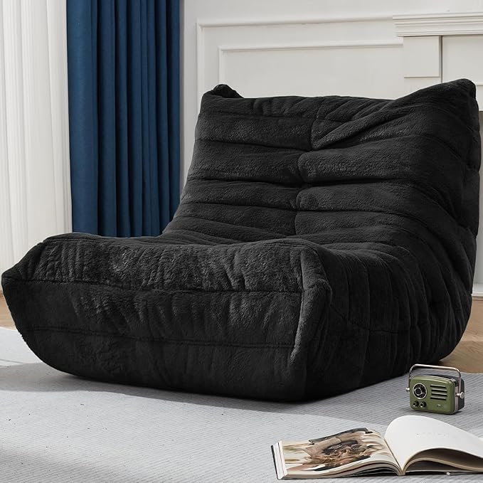 Bean Bag Chairs for Adults Giant Bean Bag Chair Memory Foam BeanBag Chair Bean Bag Sofa with Filler Faux Fur Fireside Beanbags Lazy Sofa for Living Room Bedroom Office (Black Plush Single)