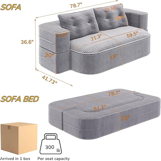 78.7 Convertible Sleeper Sofa Bed with 2 Soft Pillows 2-in-1 Fold Out Couch Upholstered in Luxurious Plush Corduroy Fabric Deep Seat Couch for Living Room Bedroom Guest Room Light Grey