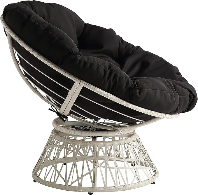 OSP Home Furnishings Wicker Papasan Chair with 360-Degree Swivel Cream Frame with Black Cushion