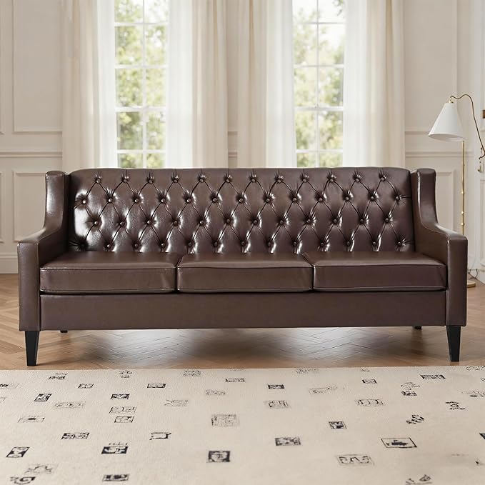GDFStudio 78.75 3-Seater Sofa Button Tufted Backrest Big Comfy Couch with Cushions Mid Century Modern Couches Home Living Room Sofa Upholstered Sofas &amp Couches for Apartment Bedroom Dark Brow