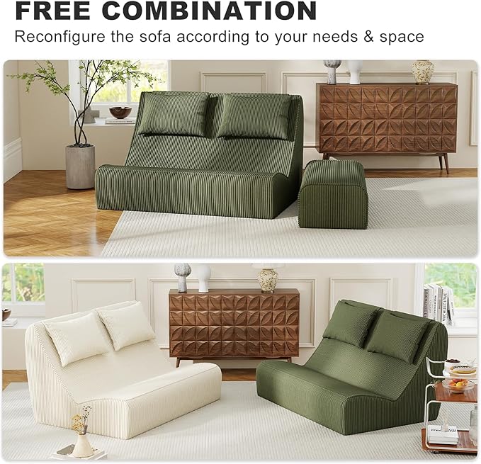 Giant Bean Bag Chair for Adults - Indoor Chaise Lounge with Pillows &amp Ottomans Upholstered Loveseat Floor Sofa Chair for Reading Gaming Napping and Movies (Olive Green)