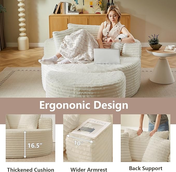 74.6 Oversized Round Chaise Lounge Chair with Ottoman Indoor Fluffy Upholstered Corduroy Deep Seat Large Boneless Circle Couch Sofa Chairs for Living Room Bedroom No Assembly Required White