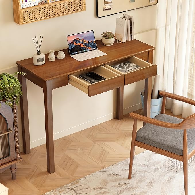 39 Inch Solid Wood Writing Desk with Drawers - Narrow Desk for Small Spaces Mid Century Modern Computer Desks Wooden Vintage Desks Study Table for Home Office Bedroom Walnut