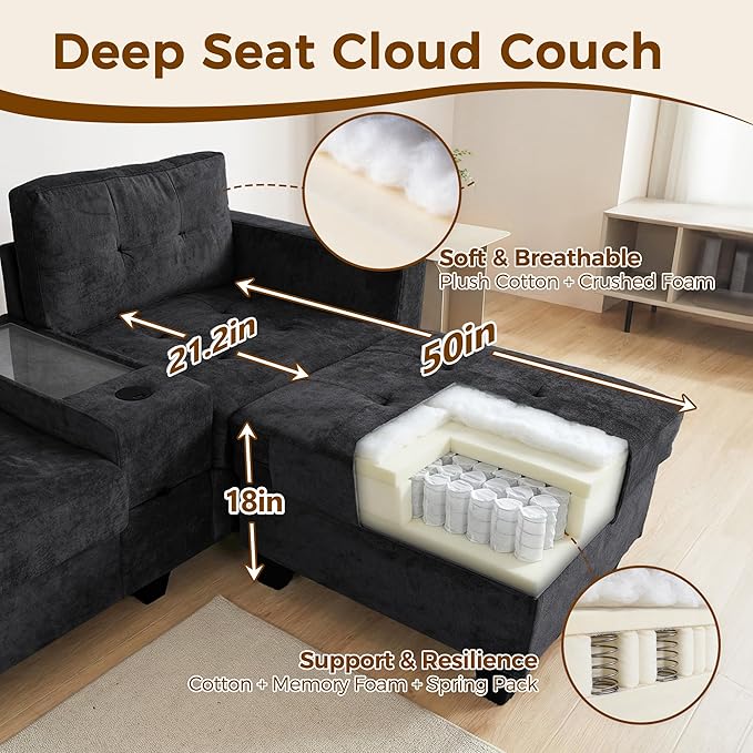 103'' Modular Sectional Sofa couch with 2 Acrylic Consoles Oversized U Shaped Couch Set with USB Charger Storage DrawersPockets and Movable Ottoman Chenille Sectional Couches for Living RoomBlack