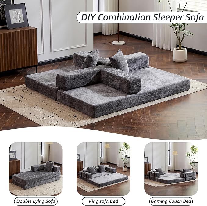 Folding Sofa Bed Convertible Sleeper Sofa Chenille Floor Couch with Pillows Fold Out Couch King Size Bed Futon Foldable Memory Foam Mattress for Living Room Bedroom Playroom (Dark Grey)