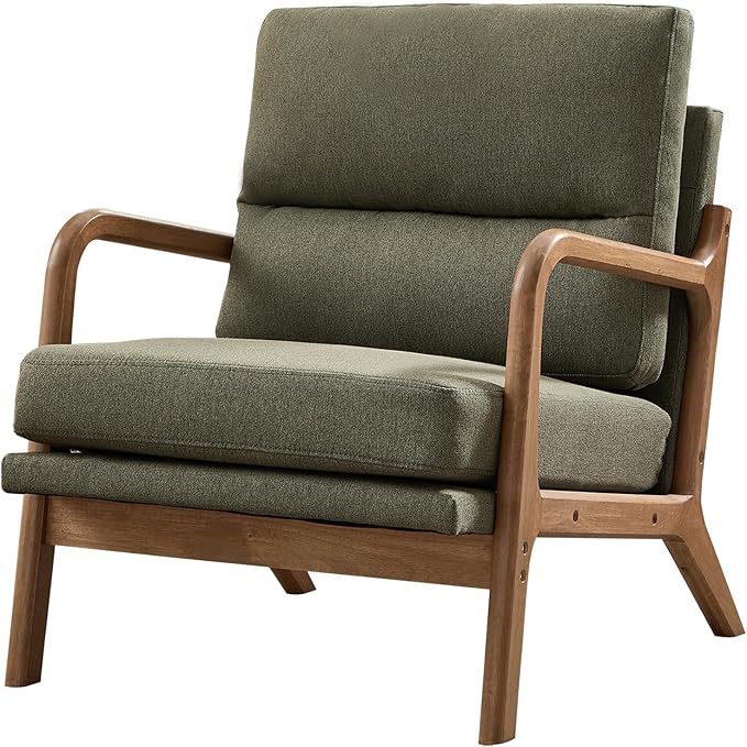Mid Century Modern Accent Chair Linen Fabric Upholstered Lounge Arm Chair with Solid Wood Frame and Soft Cushion for Living Room Bedroom Balcony (1 Green)
