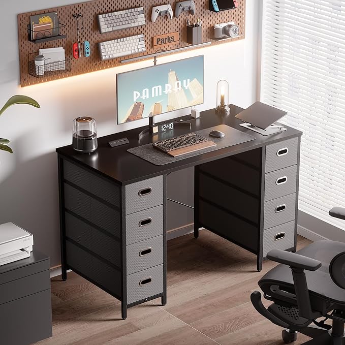 Pamray 47 Inch Computer Desk with 8 Fabric Drawers PC Gaming Desk Home Office Study Work Writing Table for Bedroom Black