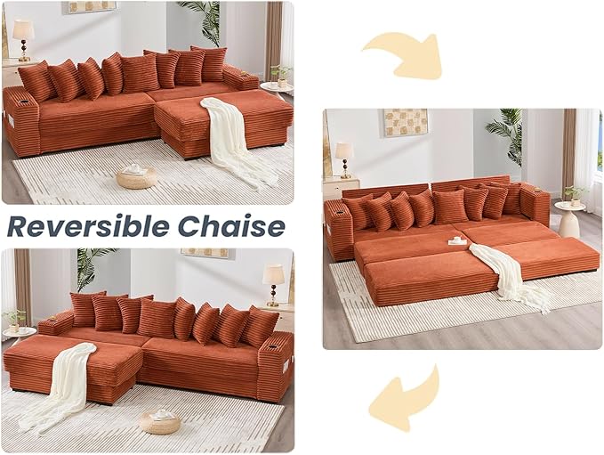 Oversized L-Shaped Modular Sectional Sofa Couch with 8 Pillows Convertible Corduroy Sleeper Sofa Bed with Cupholders &amp Storage Pockets Cloud Couch with Movable Ottoman for Living Room Orange