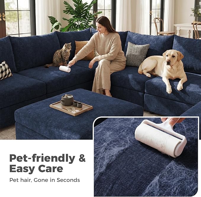 ABCASA 102.6 U Shaped Modular Sectional Sofa 5 Seater Couch with Storage Ottoman Deep Seat and High Backrest with Removable Cover for Living Room Apartment - Chenille Blue
