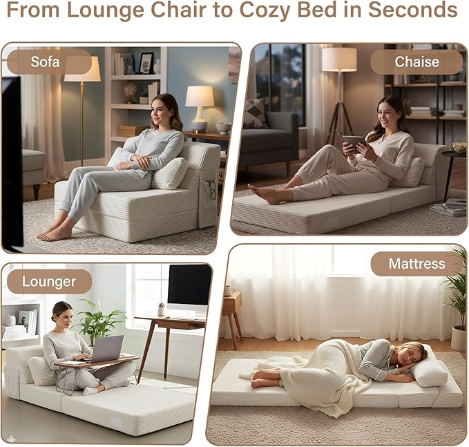 Folding Sofa Bed with Pillow Convertible Sleeper Chair Comfy Floor Futon Couch Mattress Lounge Sofa for Adults Portable Fold Out Chair Bed for Living Room Bedroom Single Beige