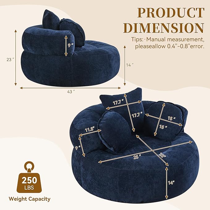 Round Oversized Chair Floor Sofa Chair Chenille Compressed Circle Chaise Lounge No Assembly Boneless Barrel Chair Lazy Bean Bag Couch Accent Chair for Living Room Bedroom DormNavy