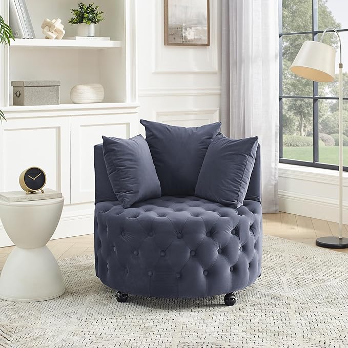 360° Swivel Barrel Chair 30W Modern Velvet Upholstered Round Accent Chair with Button Tufted Design &amp 4 Movable Wheels Comfy Small Armchair for Living Room Bedroom Nursery Sillas Para Sala Grey