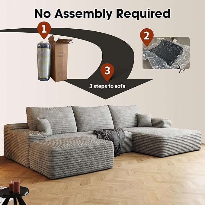 108 Corduroy Sectional Boneless Cloud Couch with Chaise No Assembly Required L Shaped Modular Sectional Sofa Oversized Cozy Fluffy Sofa for Living Room (Grey Right Facing Chaise+Ottoman) | Compre