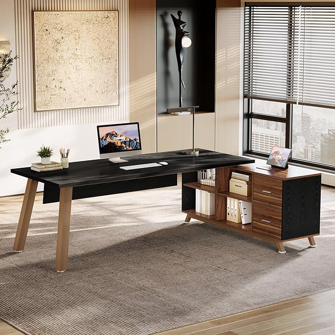 Tribesigns 78.7 L-Shaped Executive Desk Modern Office Desk with File Drawers &amp Storage Shelves Large Computer Desk with 55-Inch Cabinet Business Workstation for Home Office Black &amp Walnut