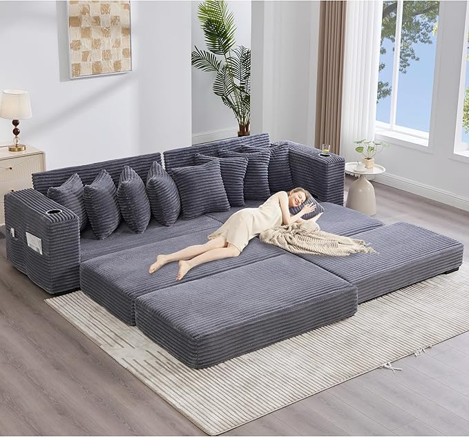 Oversized L-Shaped Modular Sectional Sofa Couch with 8 Pillows Convertible Corduroy Sleeper Sofa Bed with Cupholders &amp Storage Pockets Cloud Couch with Movable Ottoman for Living Room Dark Grey