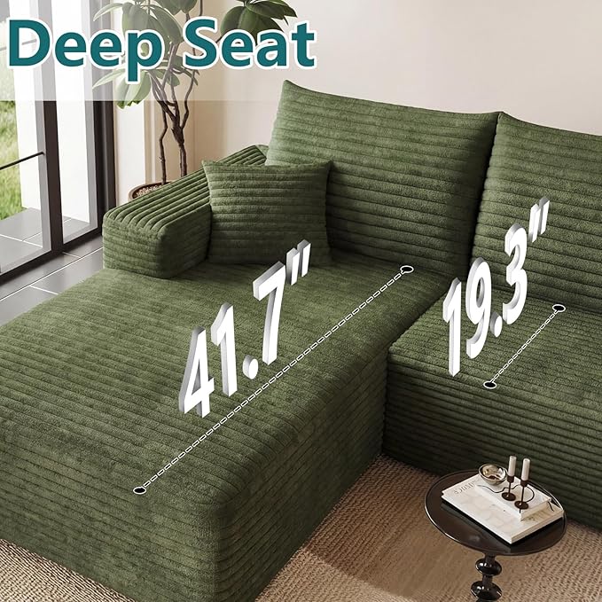 95 Modular Sectional Couch Boneless L Shaped Cloud Sofa with Chaise Lounge Corduroy Upholstered Couches Memory Foam Deep Seat No Assembly Required Ideal for Living Room(Green Left Facing)